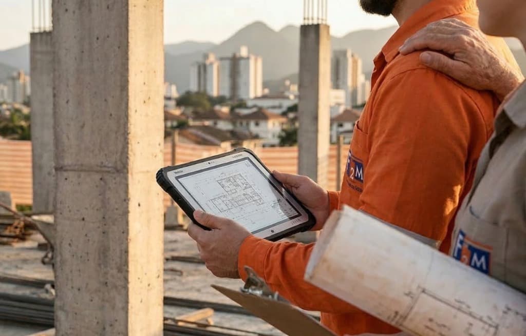 Equipe de engenheiros e arquitetos da F2M acompanhando projeto