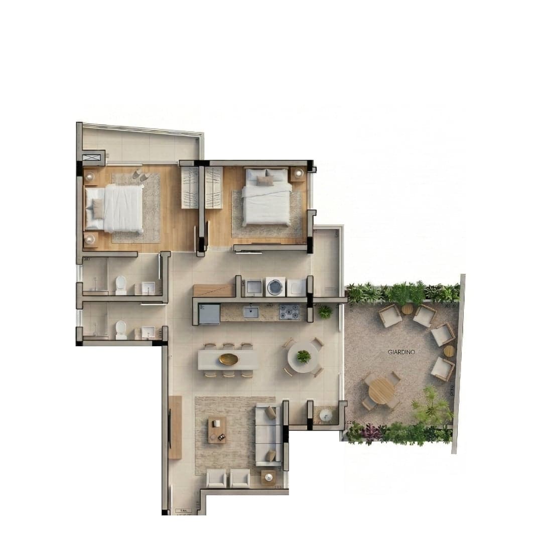 Planta do Rubi — Planta 1 Giardino · 90 m² — Apartamento na planta no bairro Saguaçu em Joinville